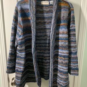 Alfred Dunner Blue and Brown Multicolor Open-Front Cardigan